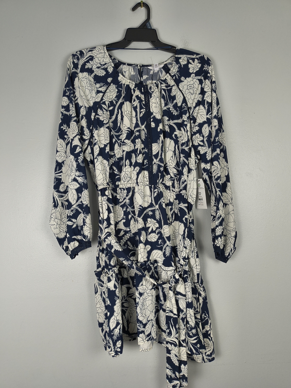Time & Tru Mini Dress Women's XXXL 22 Blue White Printed Long Sleeve Tie Waist - Picture 2 of 13